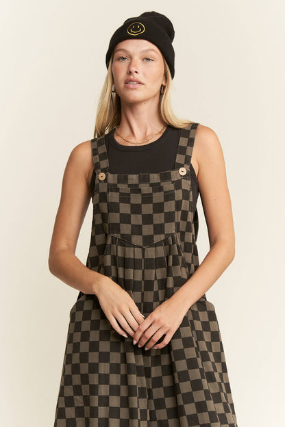 CHECKERED WIDE LEG OVERALLS
