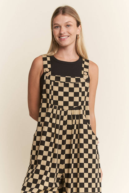 CHECKERED WIDE LEG OVERALLS