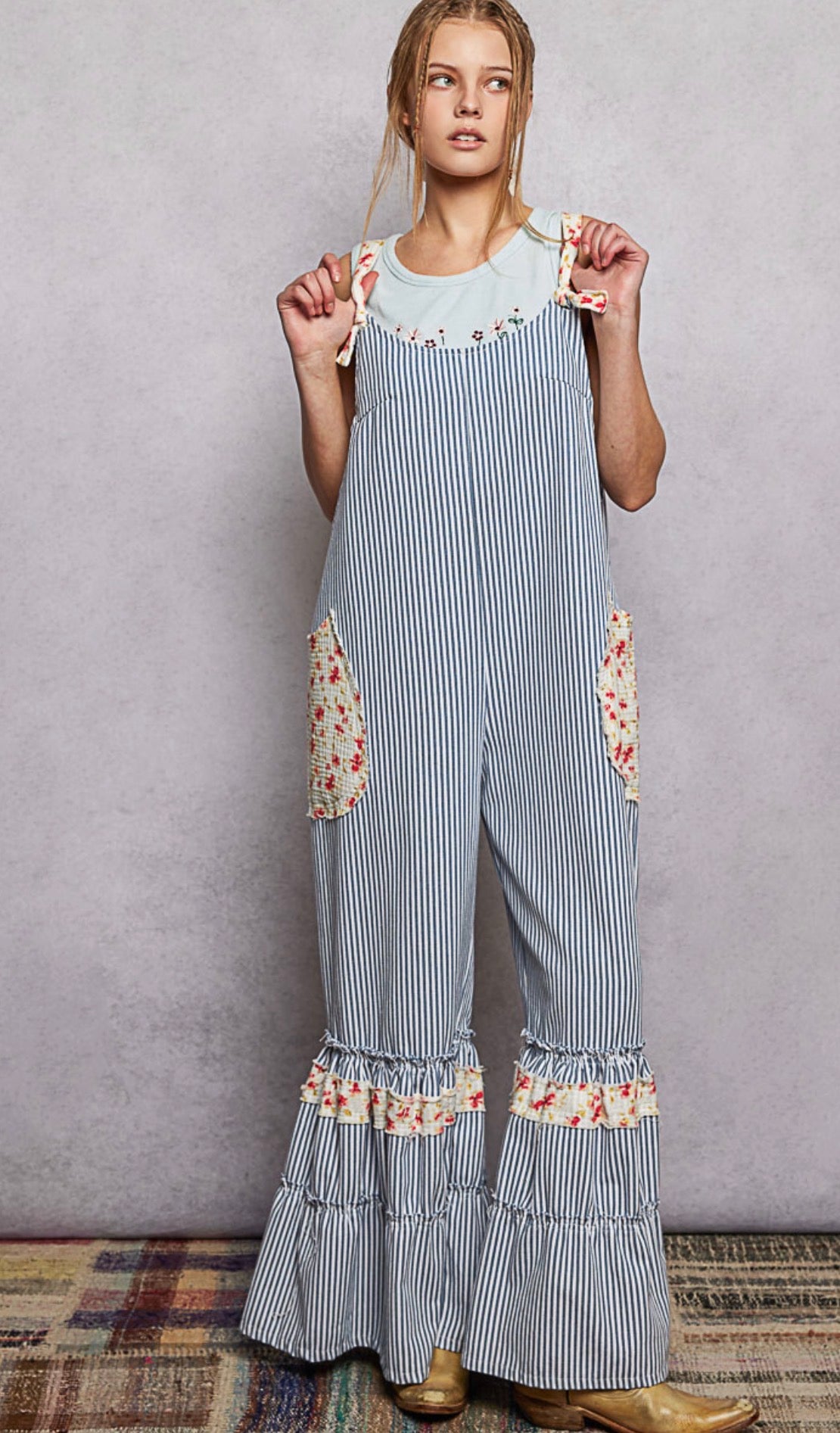 POL Ruffled Stripe Overalls
