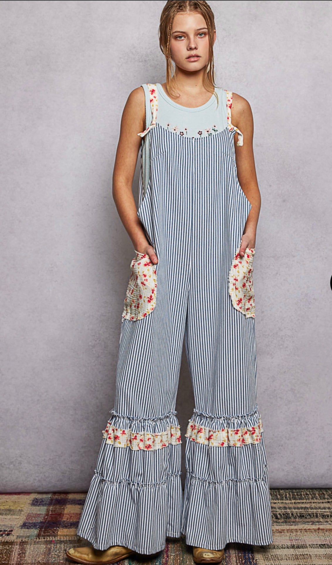 POL Ruffled Stripe Overalls