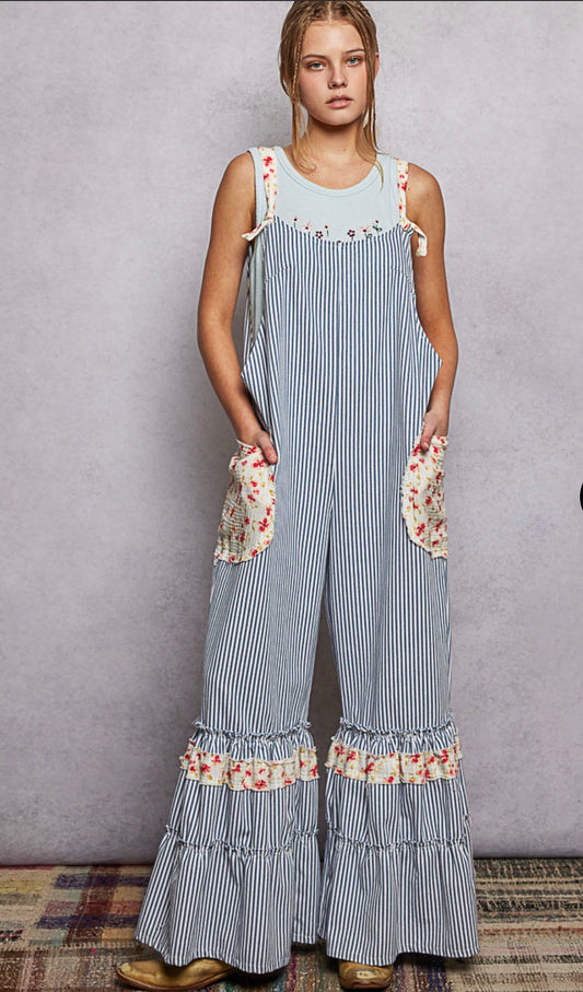 POL Ruffled Stripe Overalls