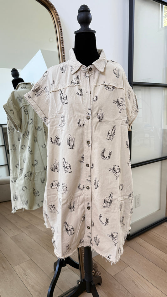 Western Shirt Dress-Cream