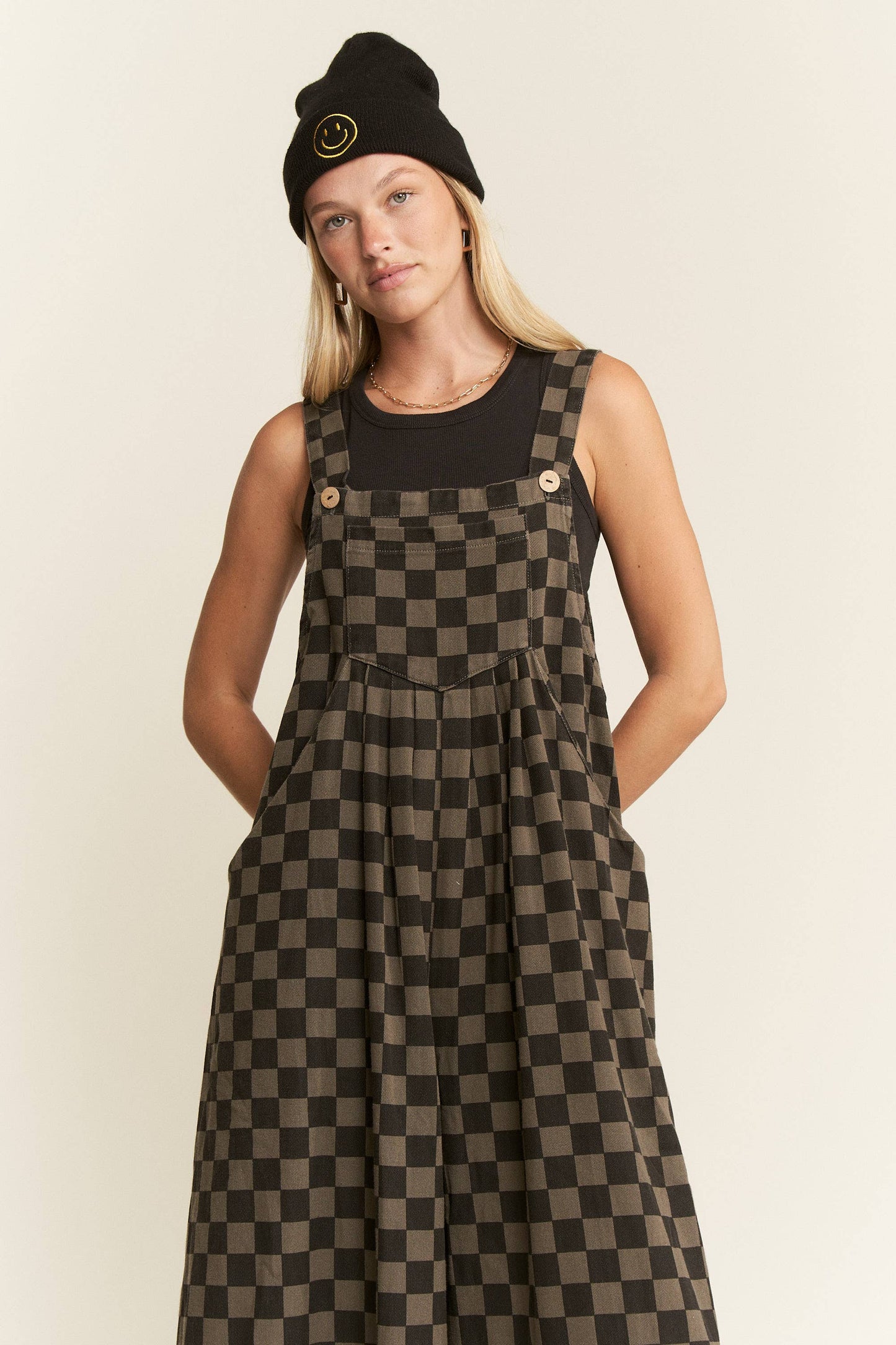 CHECKERED WIDE LEG OVERALLS