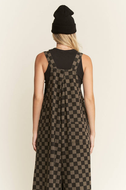 CHECKERED WIDE LEG OVERALLS