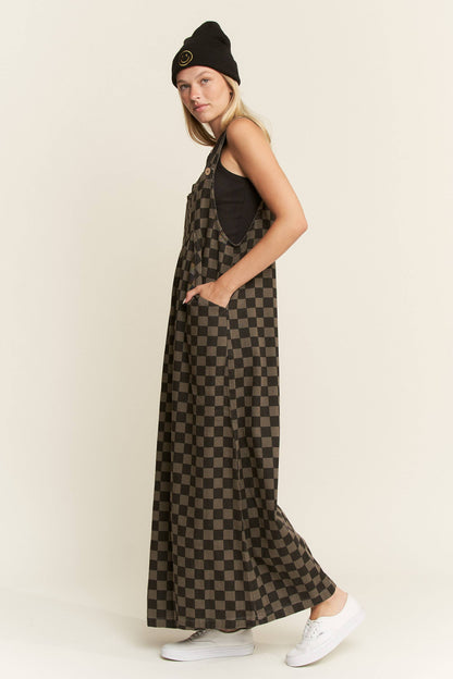 CHECKERED WIDE LEG OVERALLS
